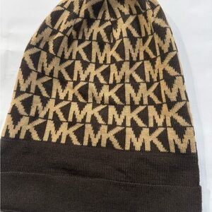 Michael Kors Logo Patterned Beanie in Brown and Tan